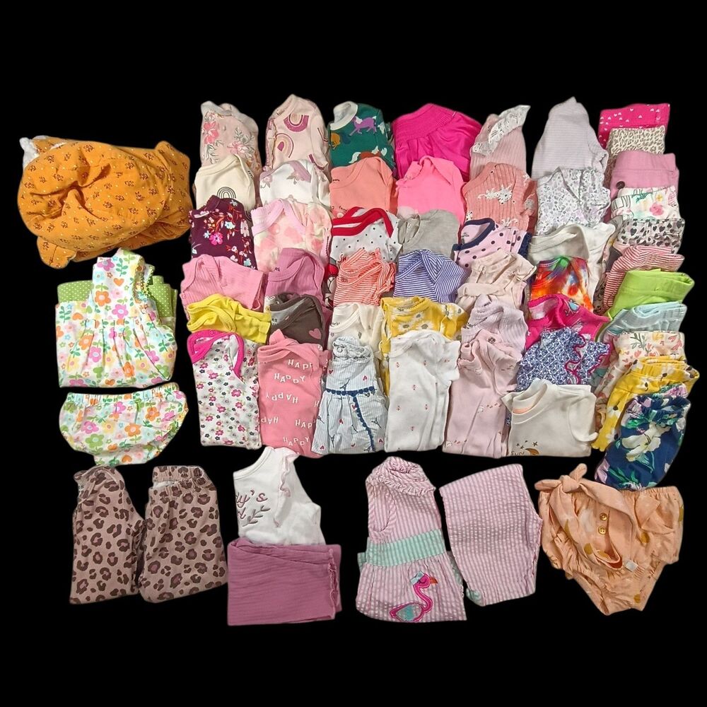 Huge 58Pc Baby Girl Clothes Lot 3-6M Outfits Shirts, Bottoms High Quality Brands